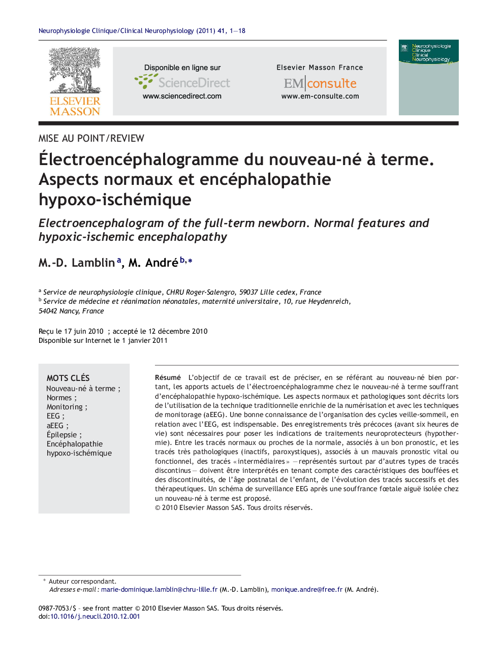 Électroencéphalogramme du nouveau-né à terme. Aspects normaux et encéphalopathie hypoxo-ischémique