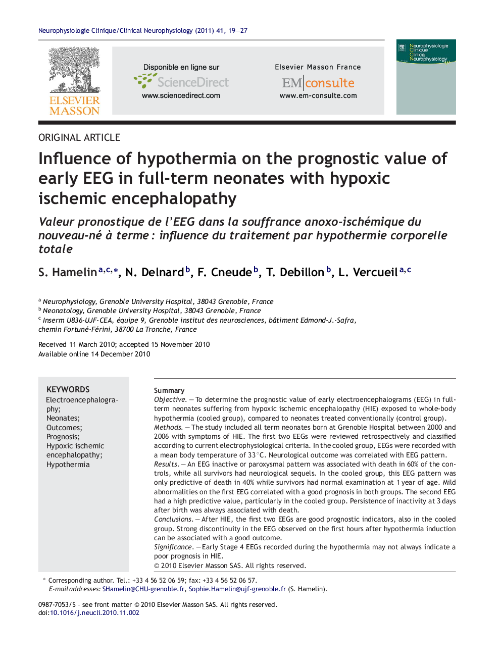 Influence of hypothermia on the prognostic value of early EEG in full-term neonates with hypoxic ischemic encephalopathy