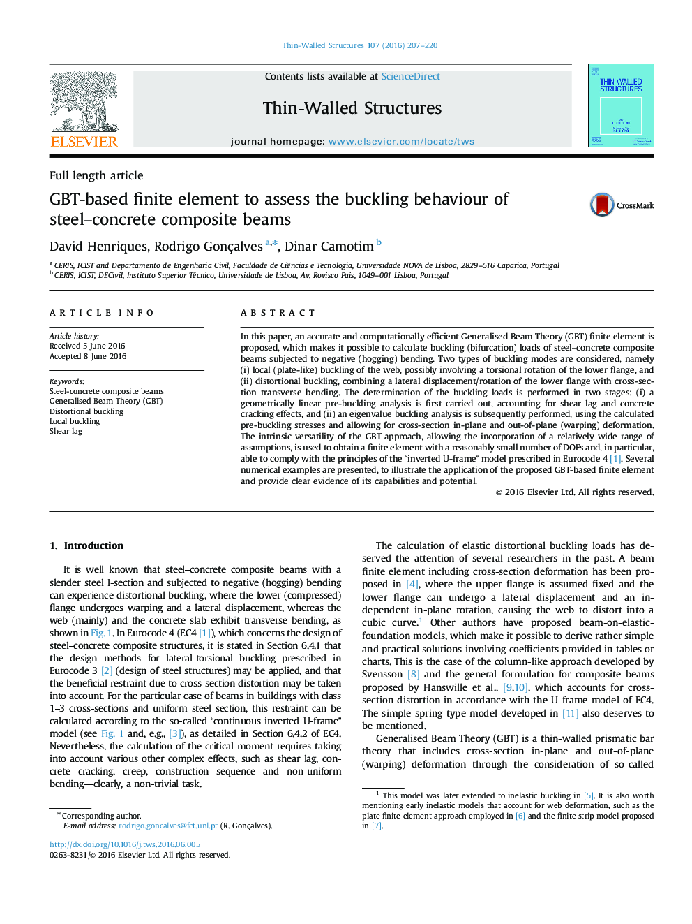 GBT-based finite element to assess the buckling behaviour of steel–concrete composite beams