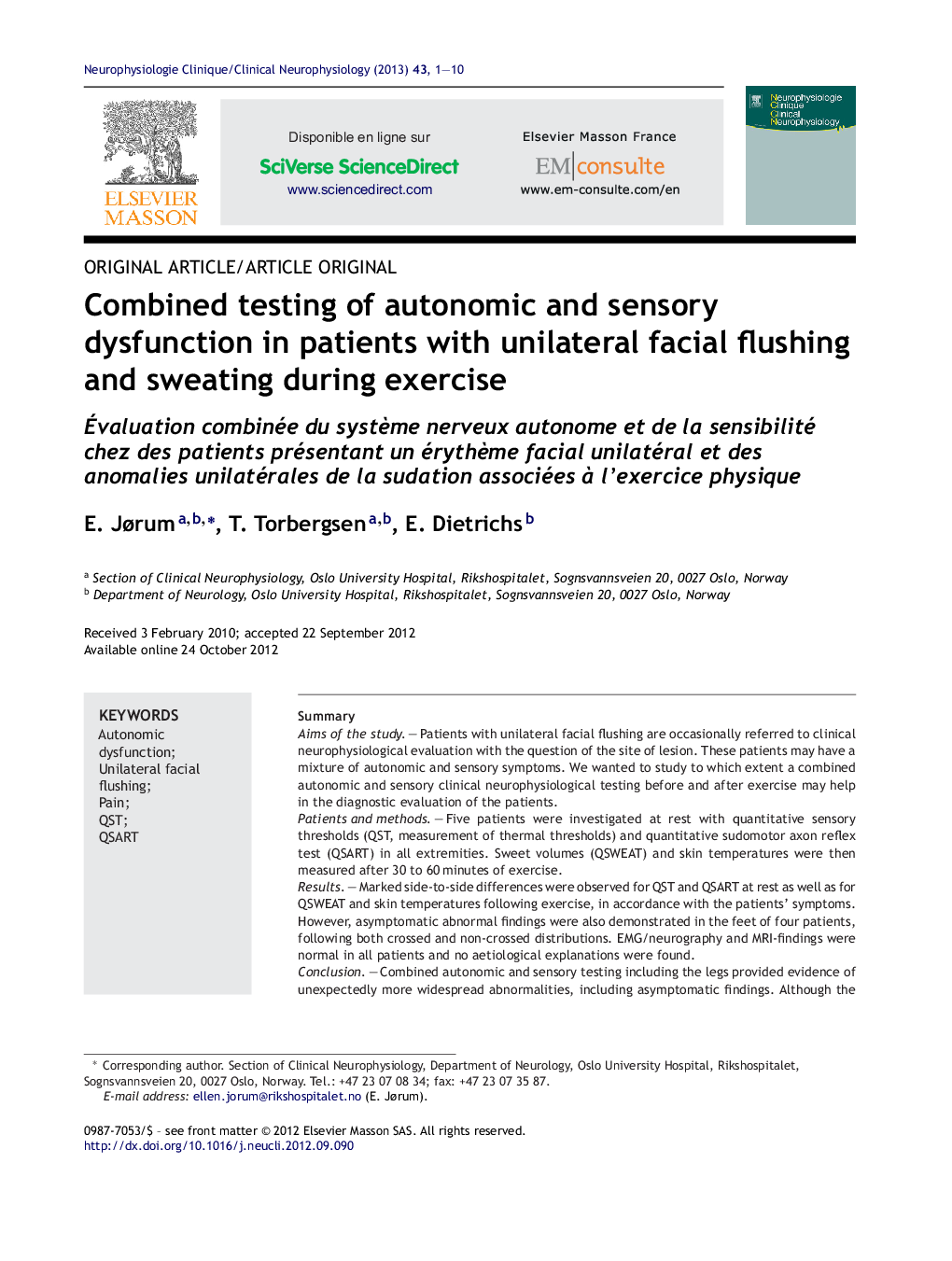 Combined testing of autonomic and sensory dysfunction in patients with unilateral facial flushing and sweating during exercise