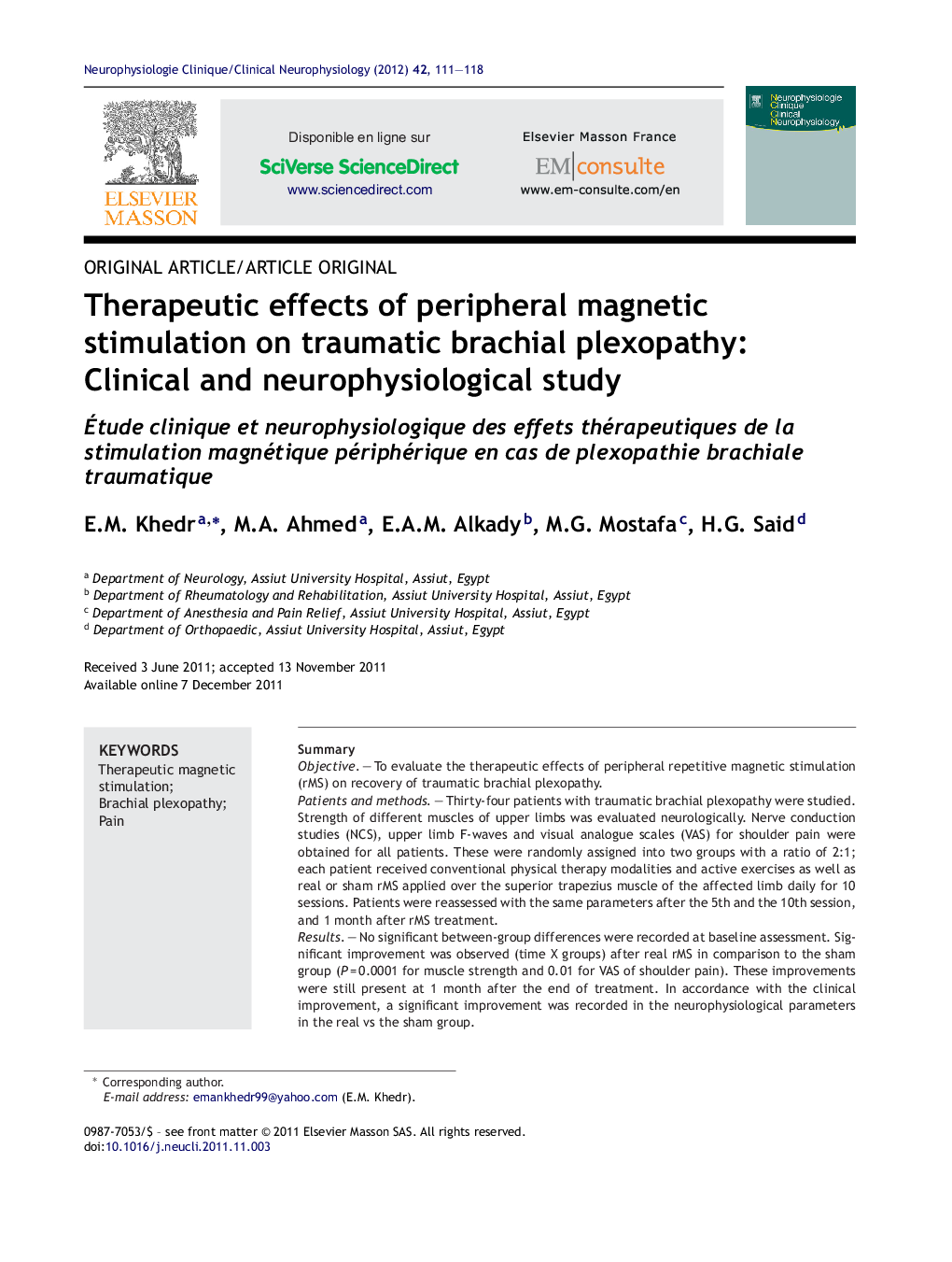 Therapeutic effects of peripheral magnetic stimulation on traumatic brachial plexopathy: Clinical and neurophysiological study