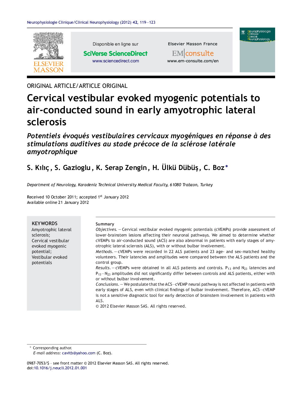 Cervical vestibular evoked myogenic potentials to air-conducted sound in early amyotrophic lateral sclerosis