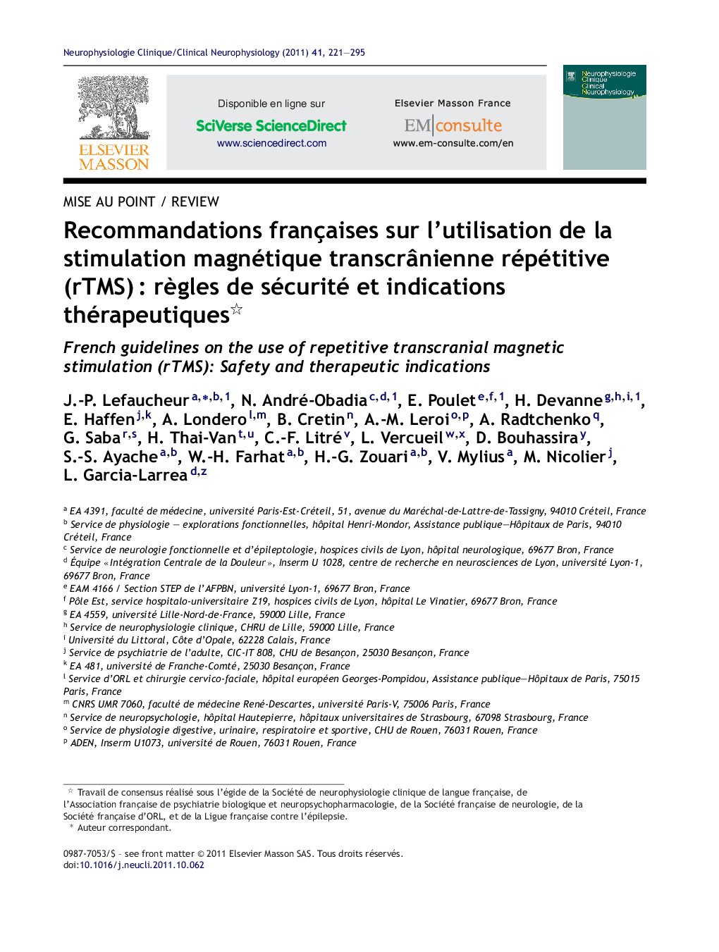 Recommandations françaises sur l’utilisation de la stimulation magnétique transcrânienne répétitive (rTMS) : règles de sécurité et indications thérapeutiques 