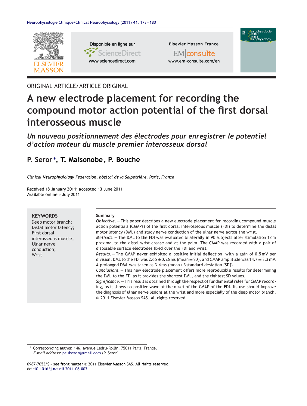 A new electrode placement for recording the compound motor action potential of the first dorsal interosseous muscle