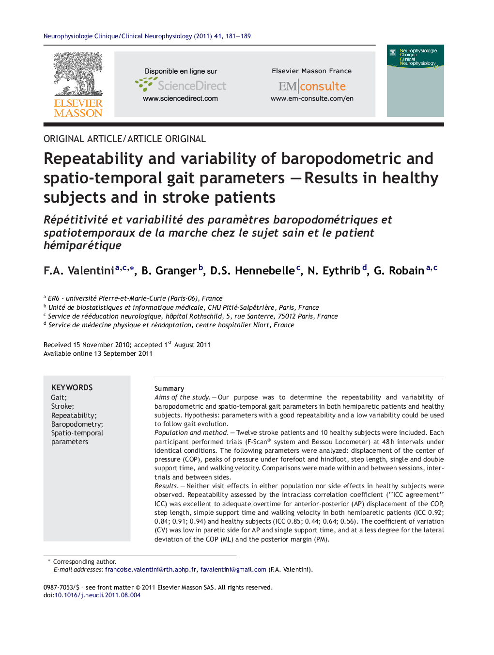 Repeatability and variability of baropodometric and spatio-temporal gait parameters – Results in healthy subjects and in stroke patients