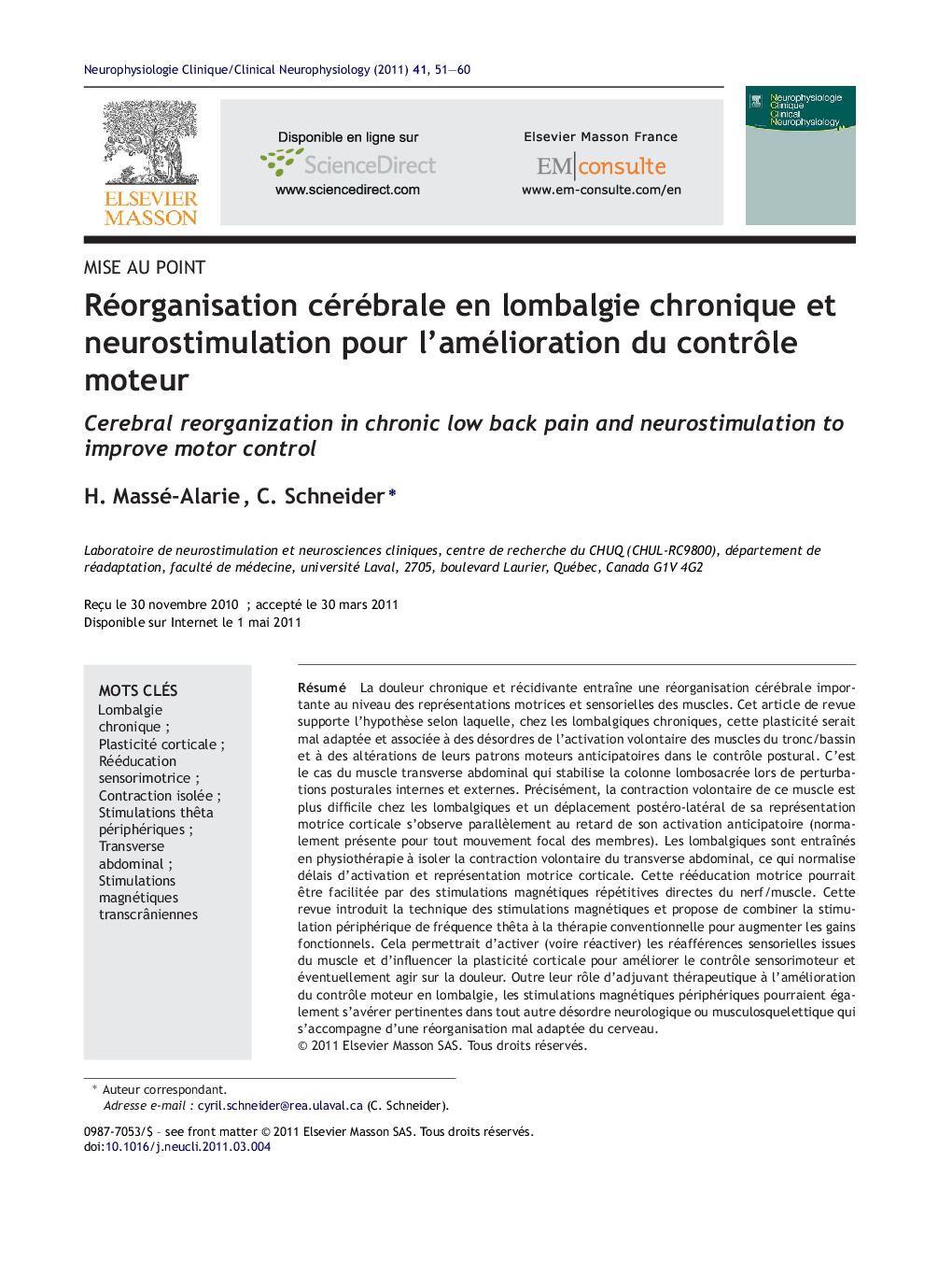 Réorganisation cérébrale en lombalgie chronique et neurostimulation pour l’amélioration du contrôle moteur