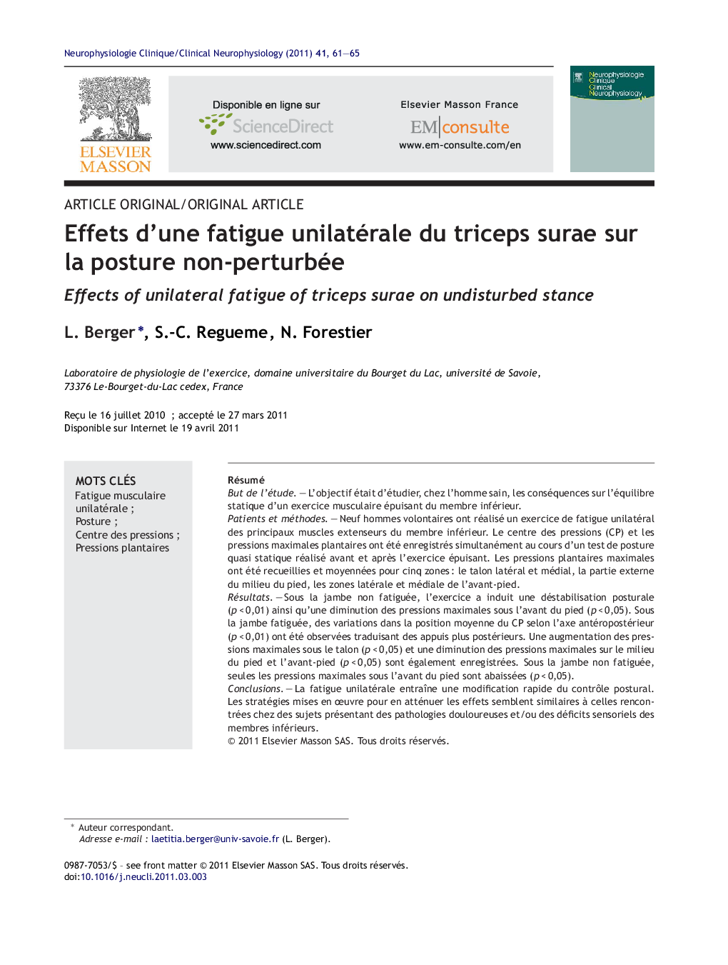 Effets d’une fatigue unilatérale du triceps surae sur la posture non-perturbée