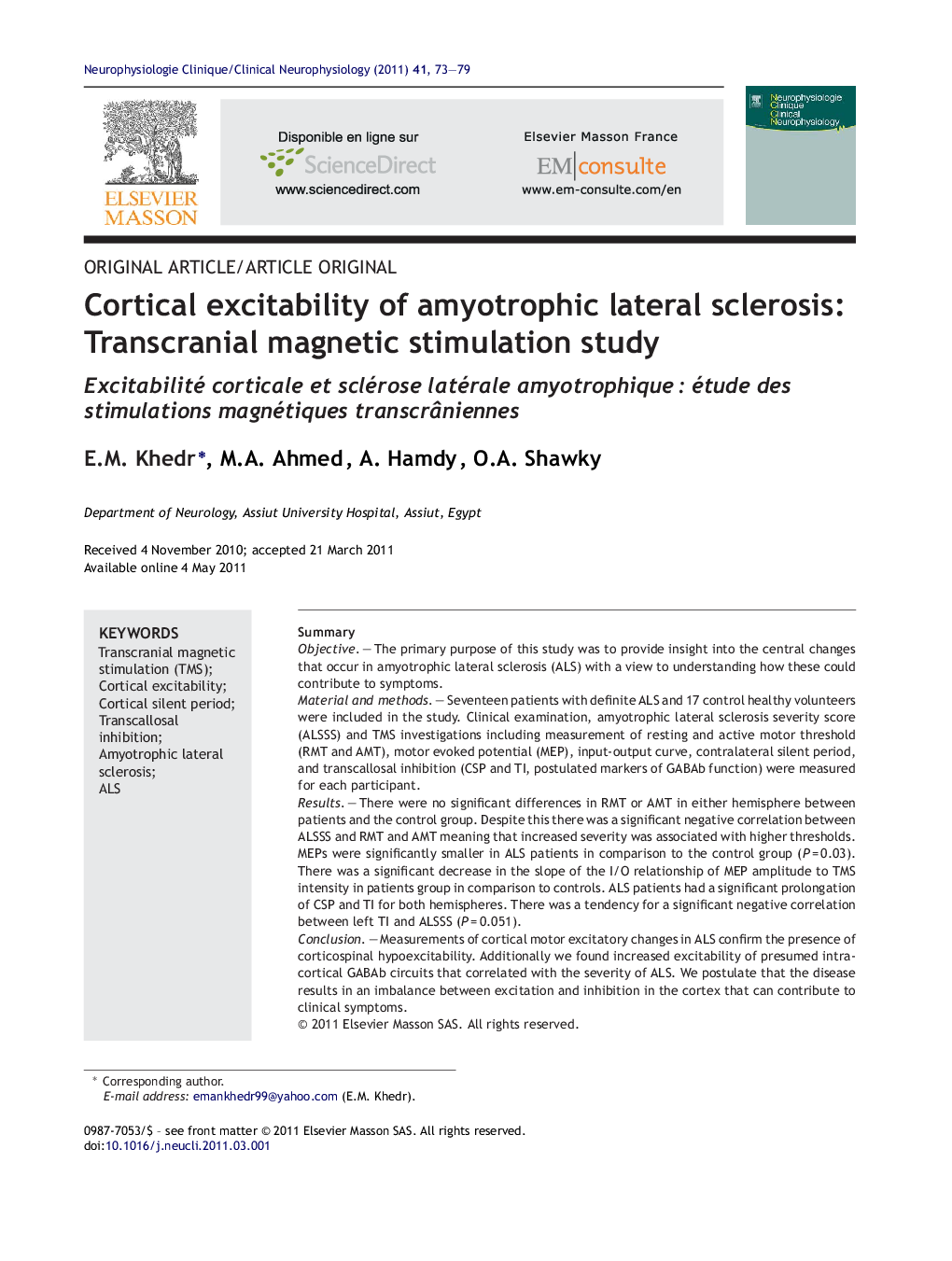 Cortical excitability of amyotrophic lateral sclerosis: Transcranial magnetic stimulation study