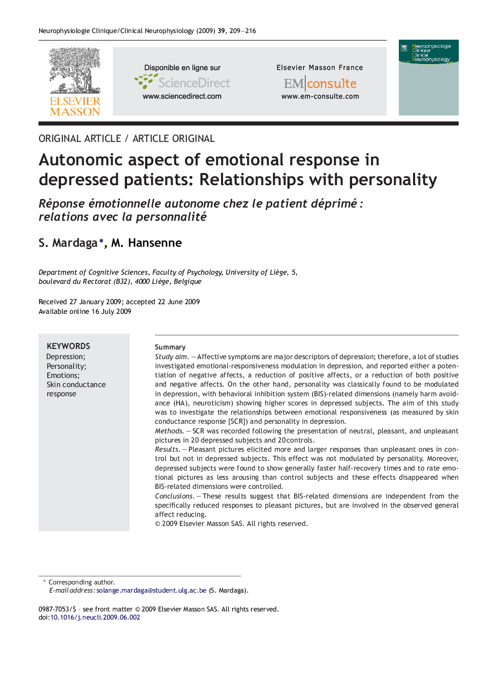 Autonomic aspect of emotional response in depressed patients: Relationships with personality