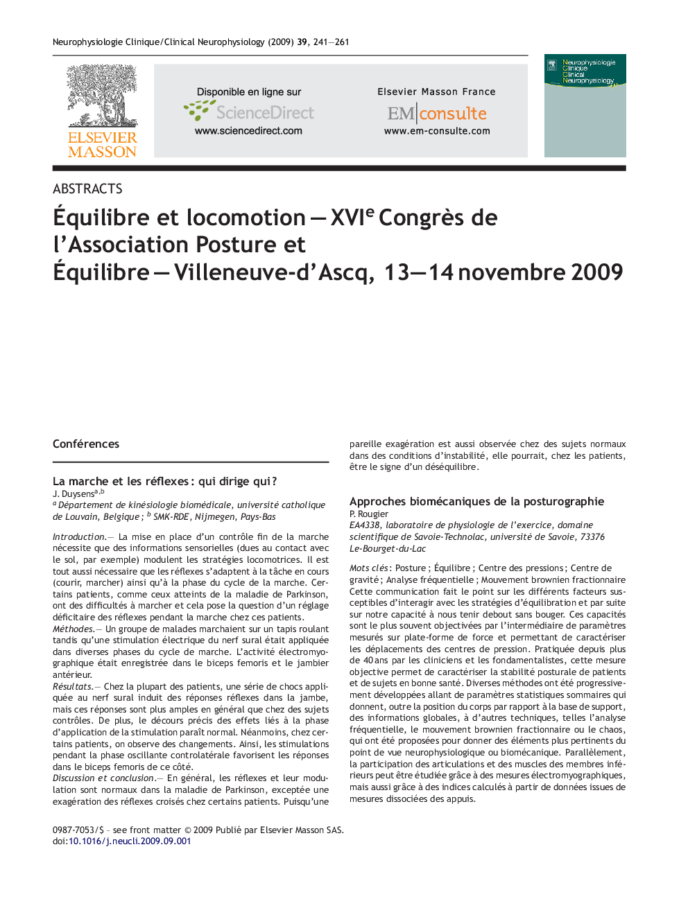 Equilibre et Locomotion - XVIe Congres de l'Association Posture et Equilibre - Villeneuve d'Ascq, 13-14 novembre 2009