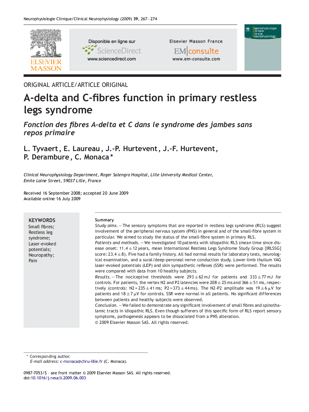 A-delta and C-fibres function in primary restless legs syndrome