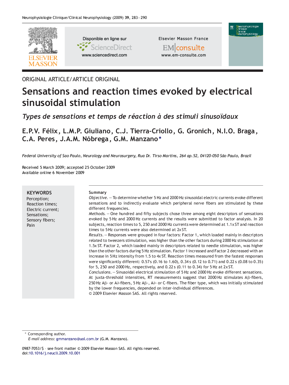 Sensations and reaction times evoked by electrical sinusoidal stimulation