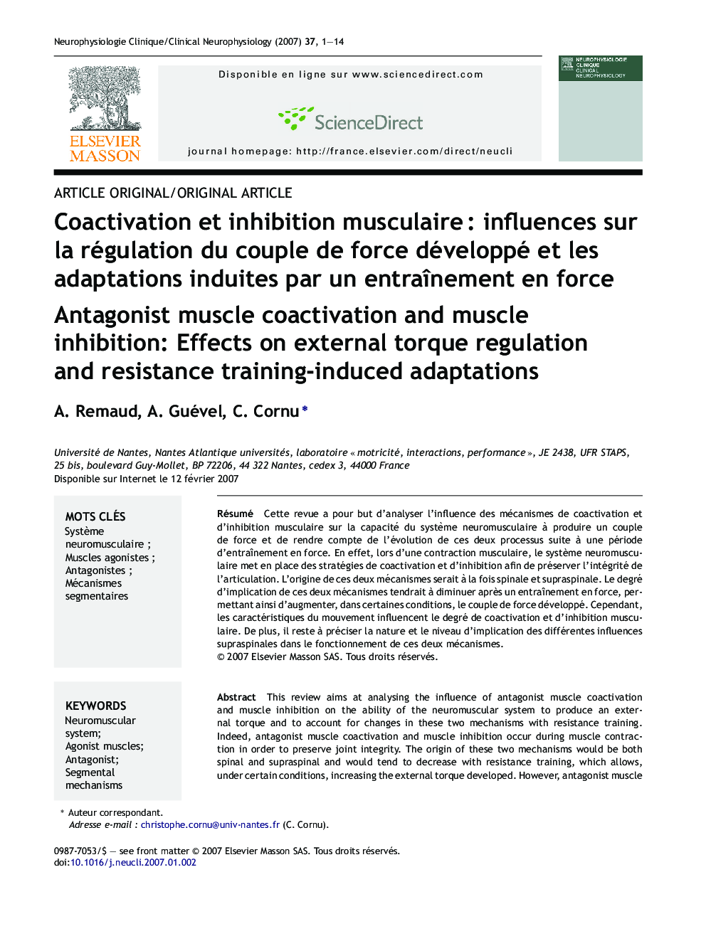 Coactivation et inhibition musculaire : influences sur la régulation du couple de force développé et les adaptations induites par un entraînement en force