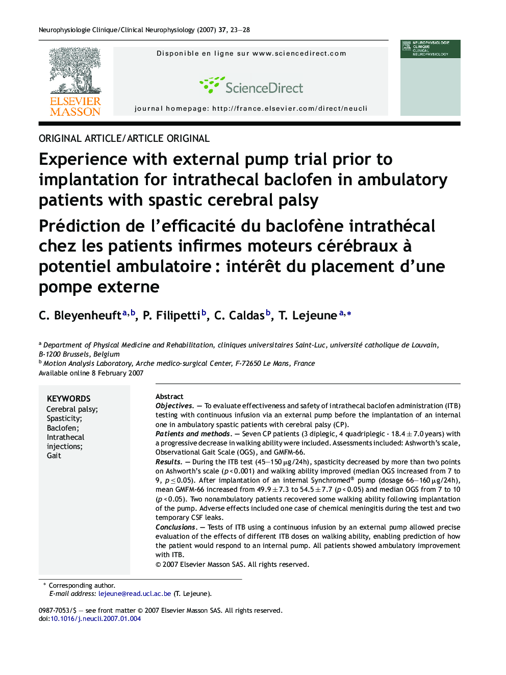 Experience with external pump trial prior to implantation for intrathecal baclofen in ambulatory patients with spastic cerebral palsy