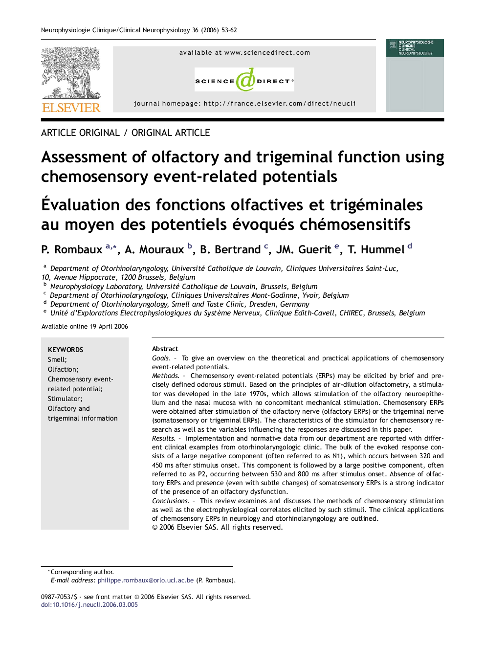 Assessment of olfactory and trigeminal function using chemosensory event-related potentials