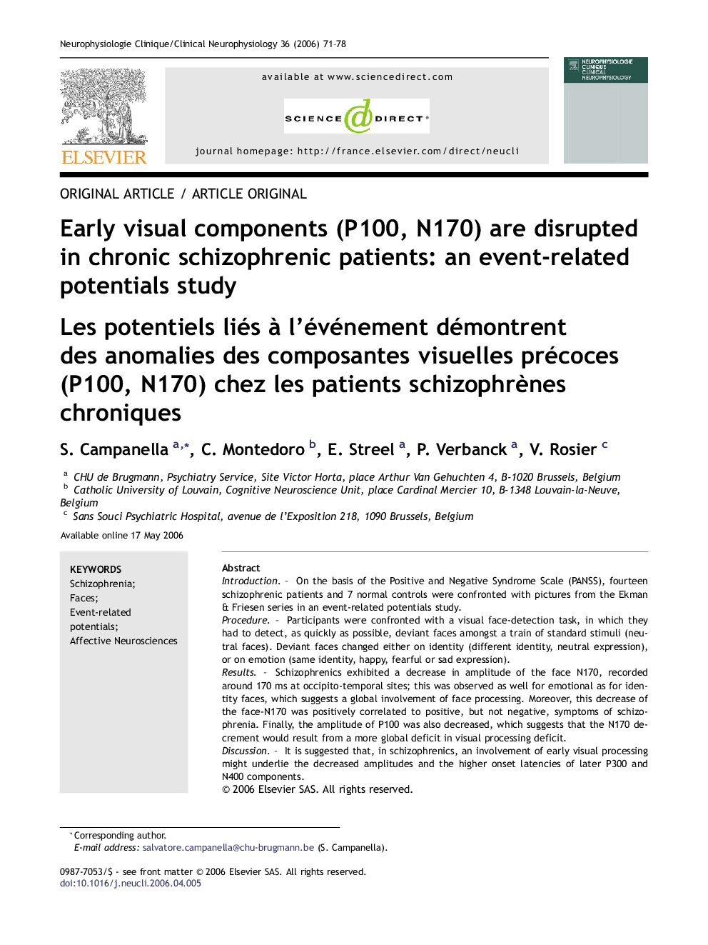 Early visual components (P100, N170) are disrupted in chronic schizophrenic patients: an event-related potentials study