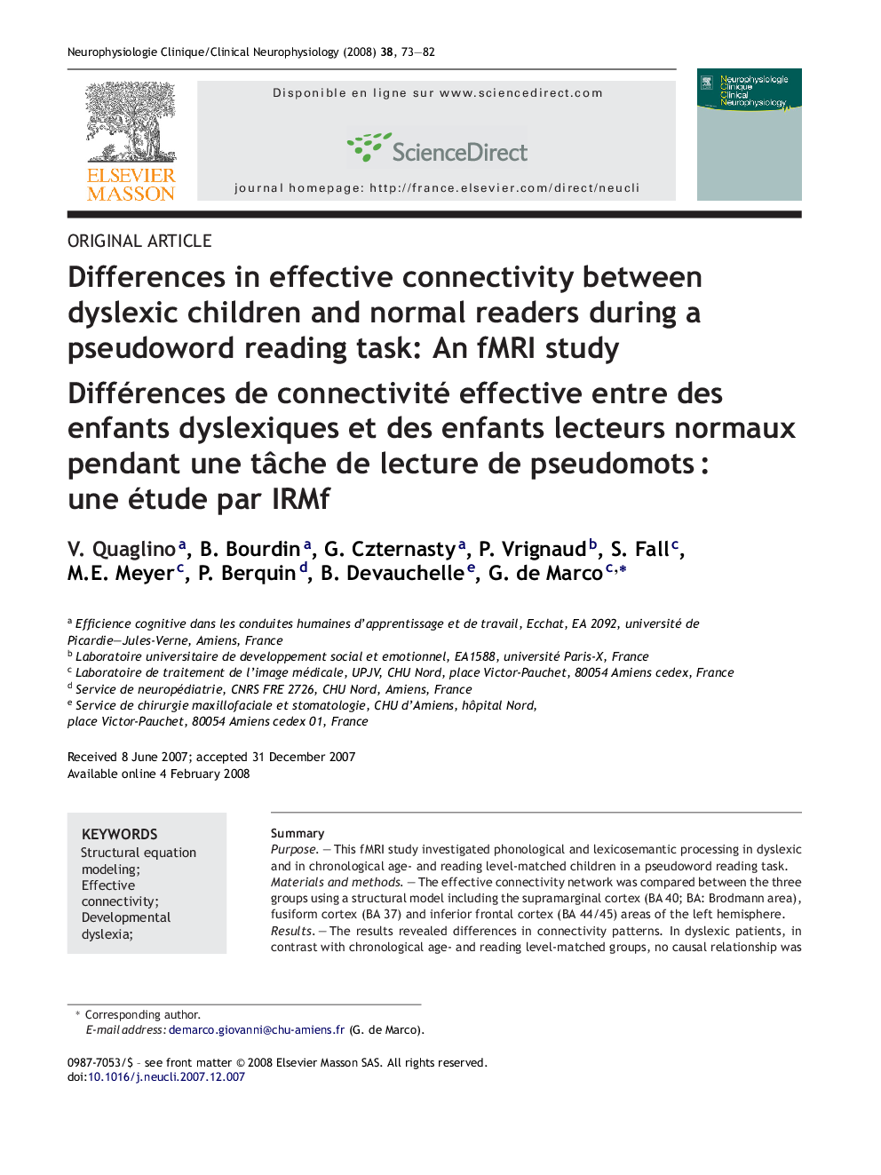 Differences in effective connectivity between dyslexic children and normal readers during a pseudoword reading task: An fMRI study