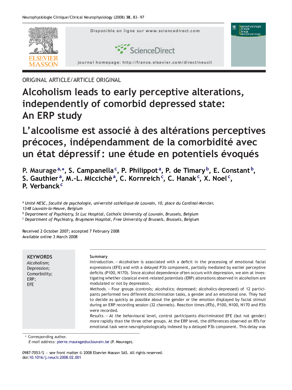 Alcoholism leads to early perceptive alterations, independently of comorbid depressed state: An ERP study