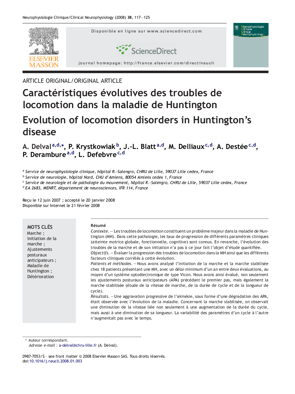 Caractéristiques évolutives des troubles de locomotion dans la maladie de Huntington