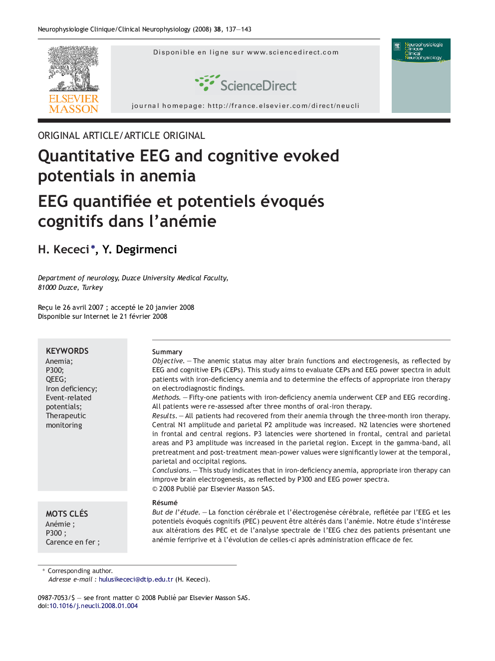 Quantitative EEG and cognitive evoked potentials in anemia