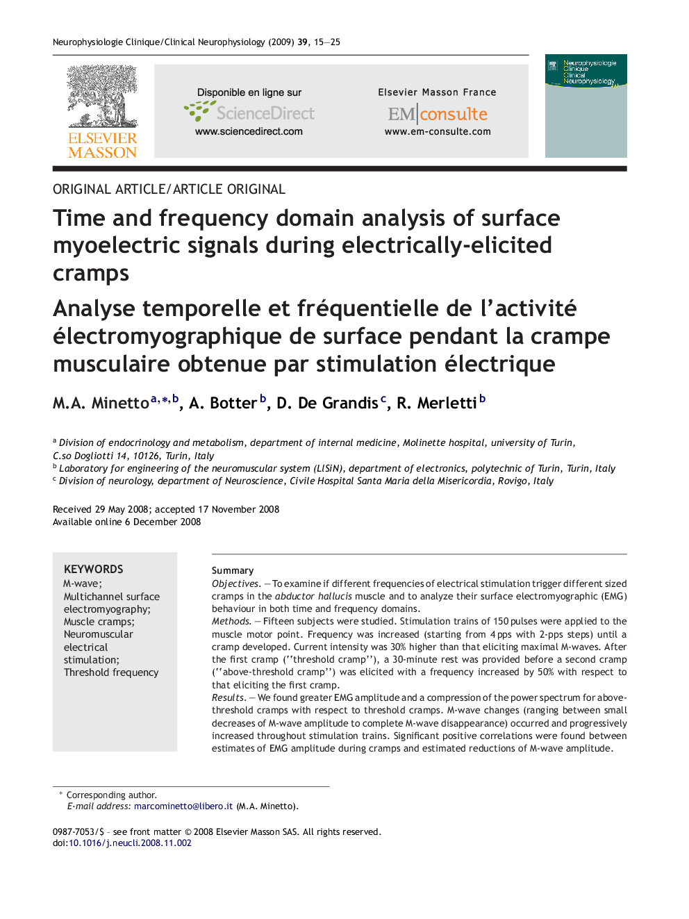 Time and frequency domain analysis of surface myoelectric signals during electrically-elicited cramps