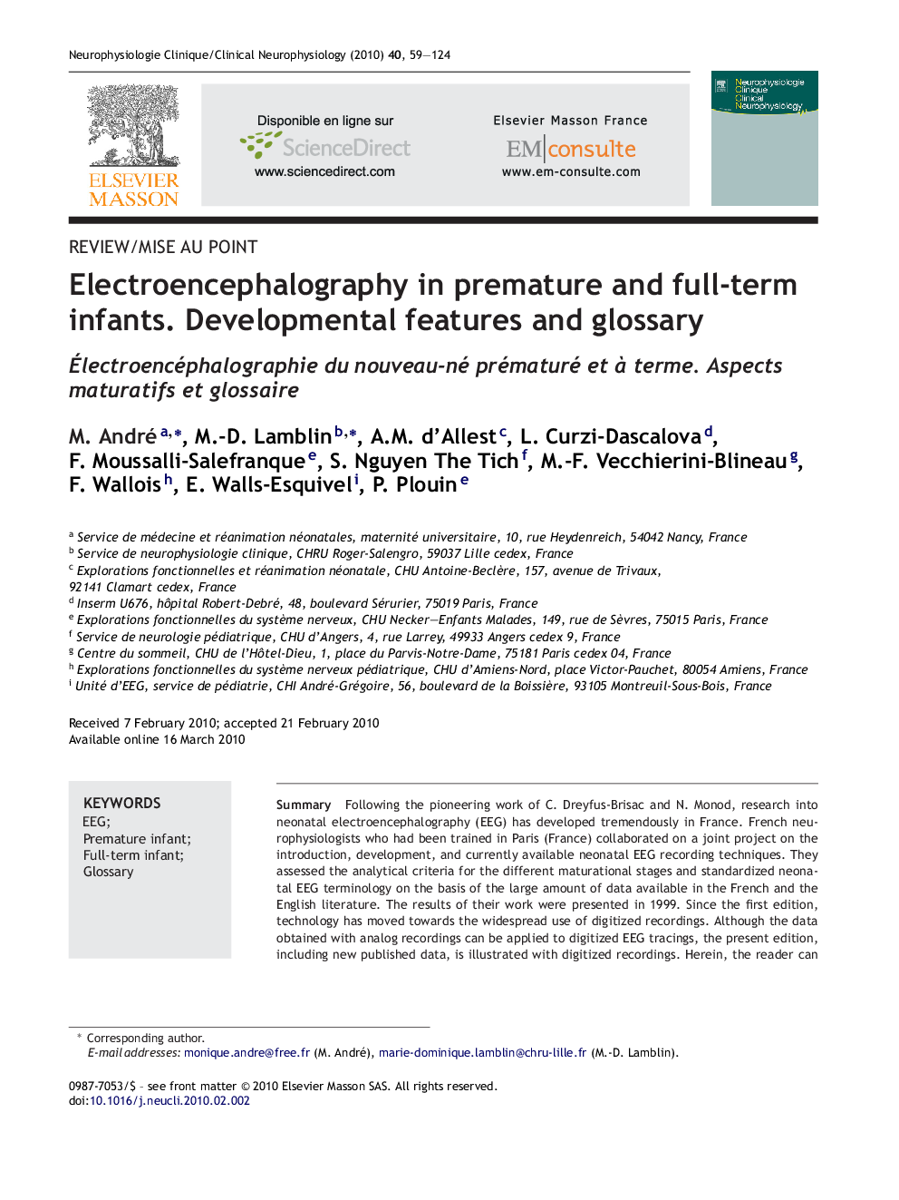 Electroencephalography in premature and full-term infants. Developmental features and glossary