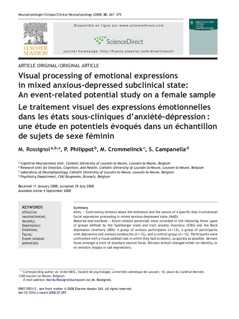 Visual processing of emotional expressions in mixed anxious-depressed subclinical state: An event-related potential study on a female sample