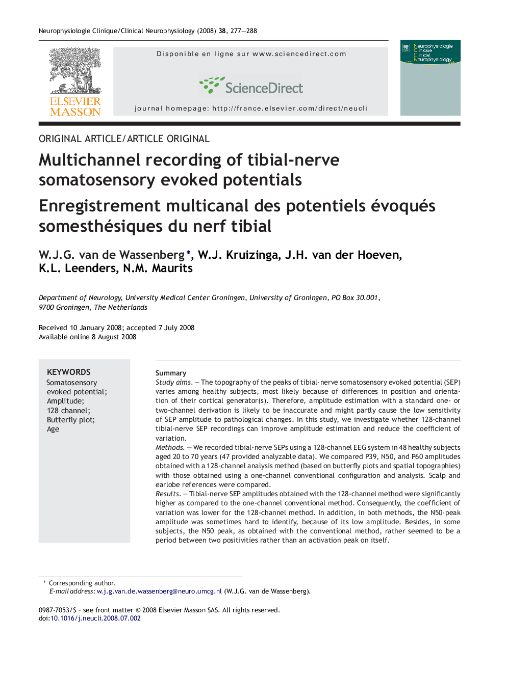 Multichannel recording of tibial-nerve somatosensory evoked potentials