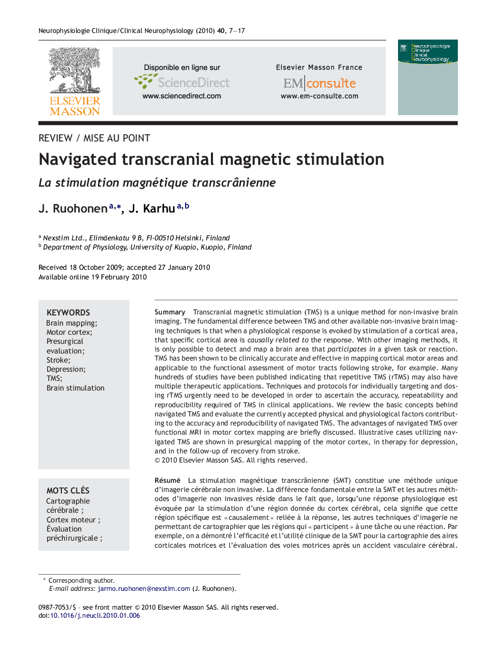 Navigated transcranial magnetic stimulation