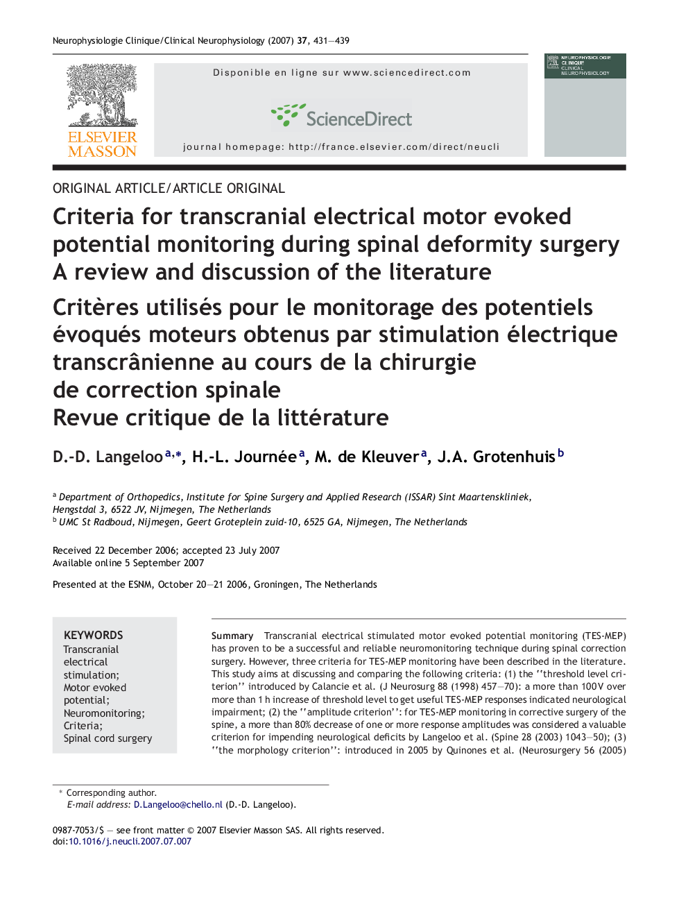 Criteria for transcranial electrical motor evoked potential monitoring during spinal deformity surgery: A review and discussion of the literature