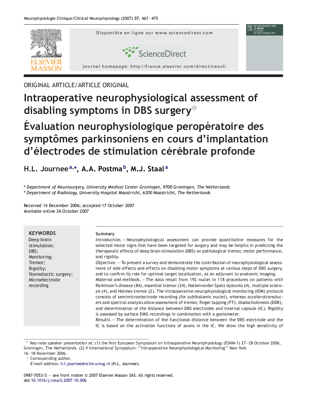 Intraoperative neurophysiological assessment of disabling symptoms in DBS surgery 