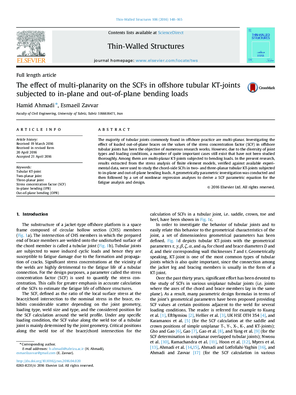 عکس صفحه اول مقاله: The effect of multi-planarity on the SCFs in offshore tubular KT-joints subjected to in-plane and out-of-plane bending loads The effect of multi-planarity on the SCFs in offshore tubular KT-joints subjected to in-plane and out-of-plane bending loads