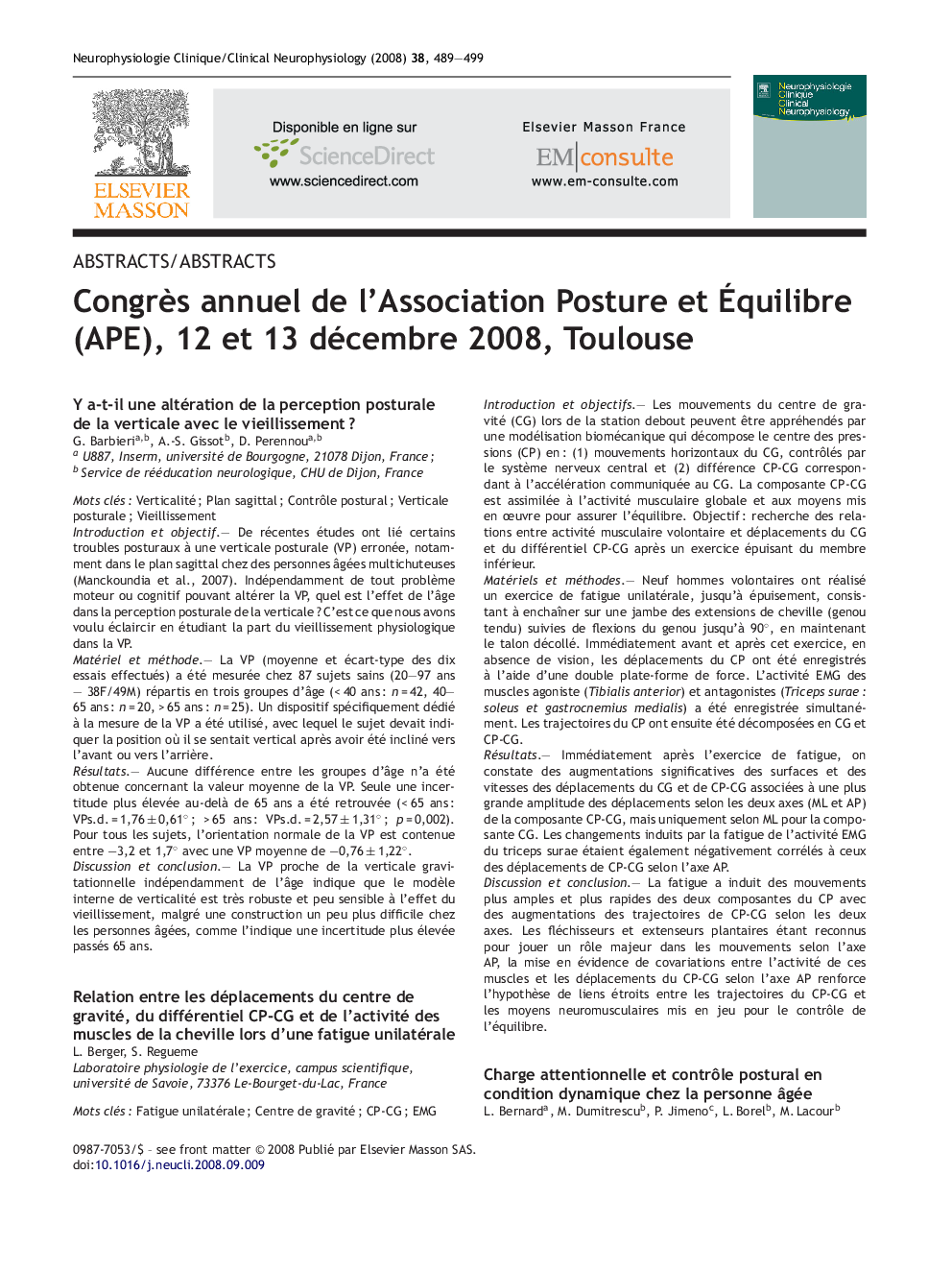 CongrÃ¨s annuel de l'Association Posture et Ãquilibre (APE), 12 et 13 décembre 2008, Toulouse