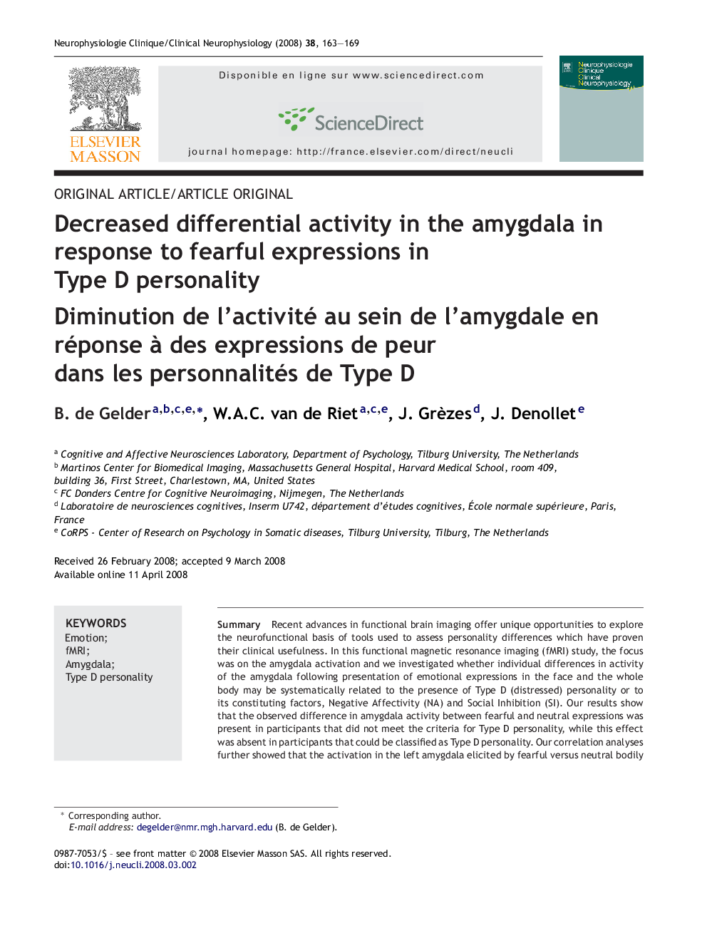 Decreased differential activity in the amygdala in response to fearful expressions in Type D personality