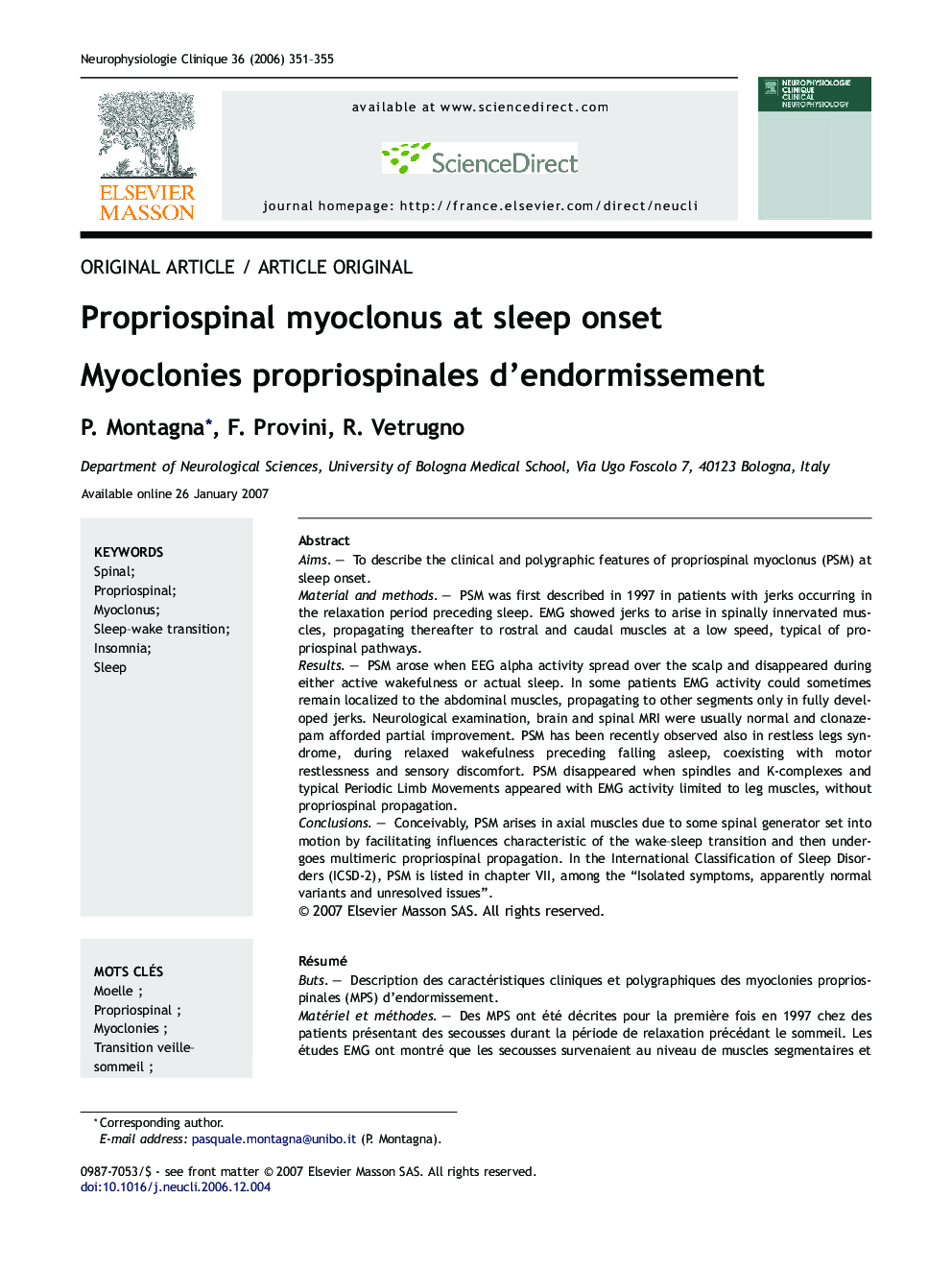 Propriospinal myoclonus at sleep onset