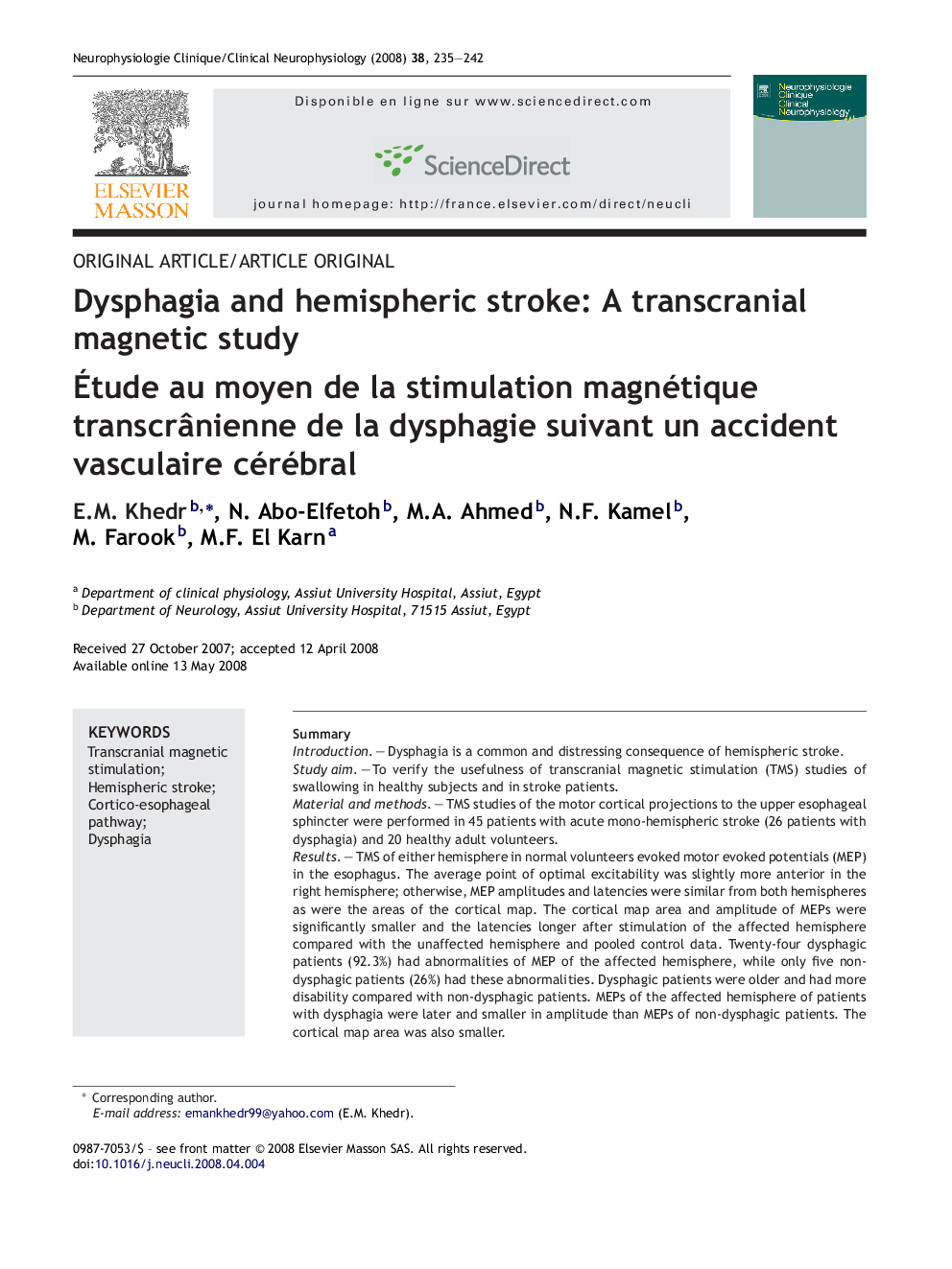 Dysphagia and hemispheric stroke: A transcranial magnetic study