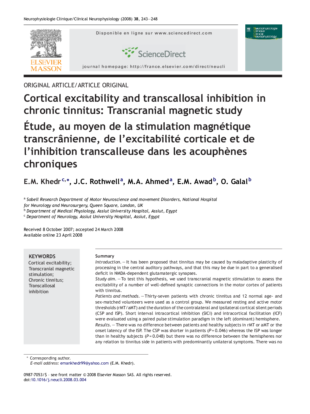 Cortical excitability and transcallosal inhibition in chronic tinnitus: Transcranial magnetic study