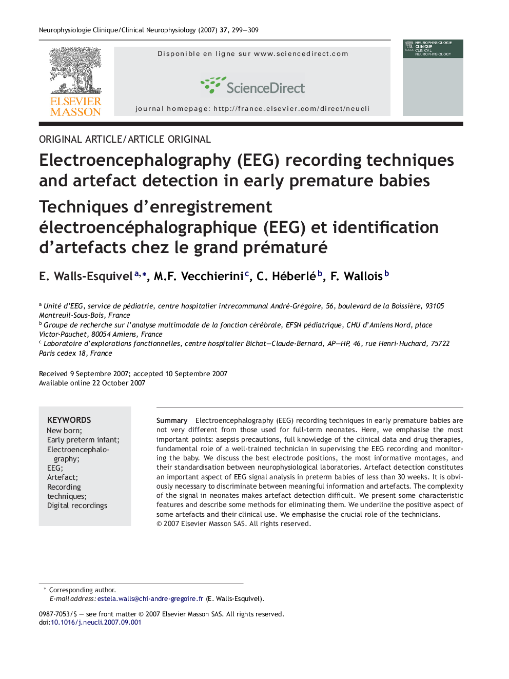 Electroencephalography (EEG) recording techniques and artefact detection in early premature babies