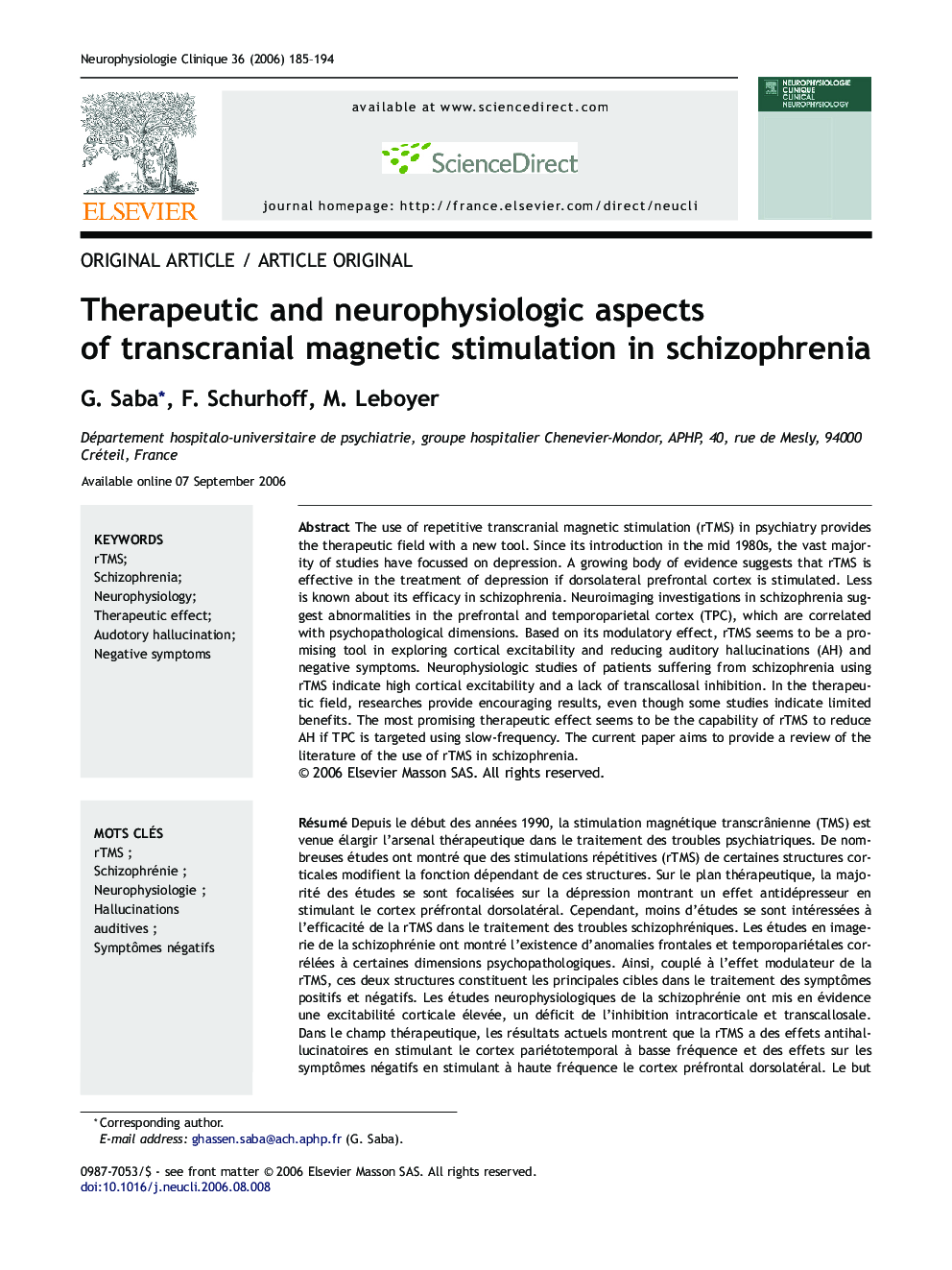 Therapeutic and neurophysiologic aspects of transcranial magnetic stimulation in schizophrenia