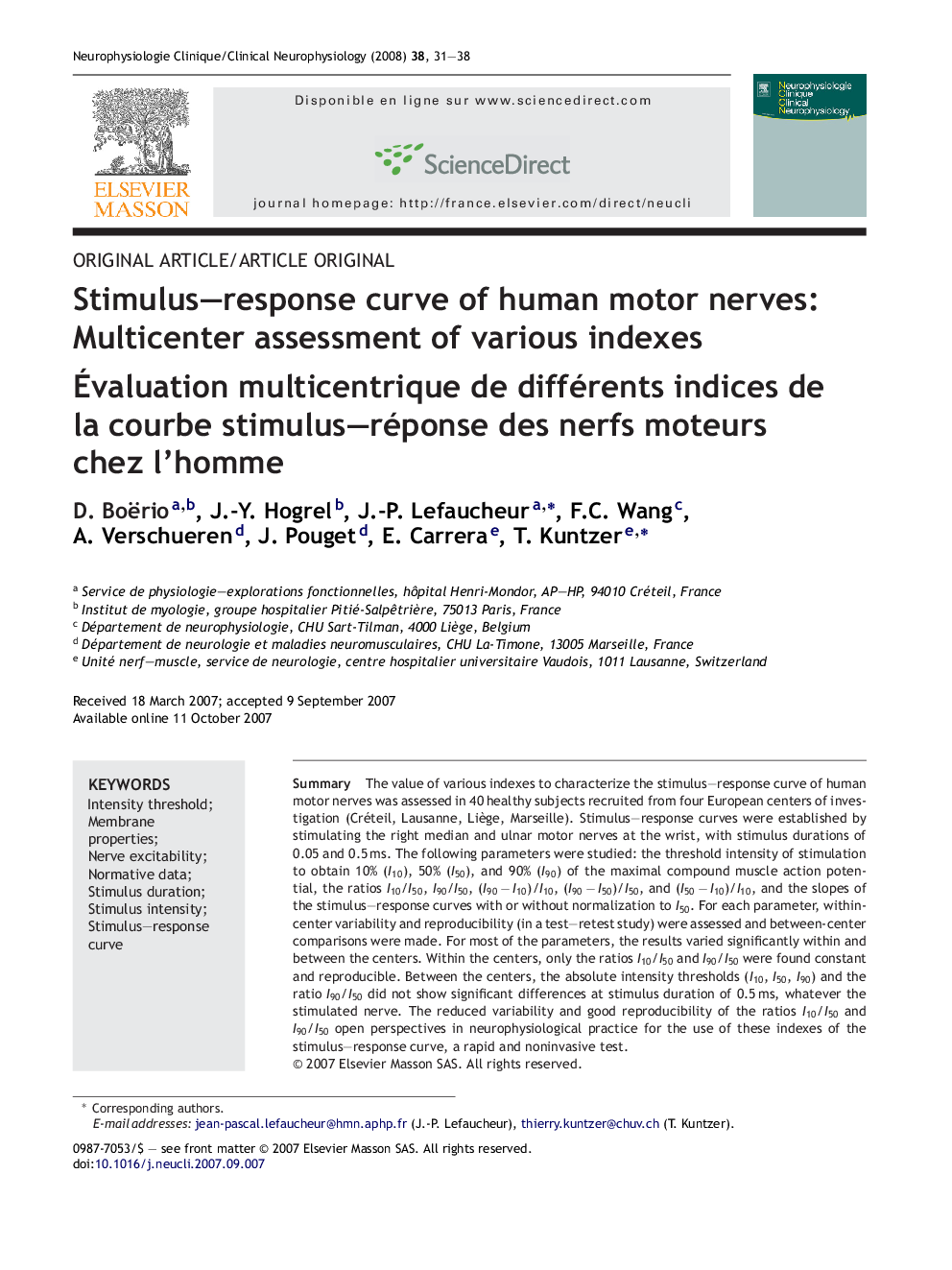 Stimulus–response curve of human motor nerves: Multicenter assessment of various indexes