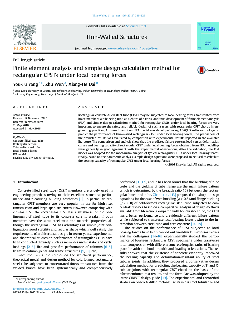 Finite element analysis and simple design calculation method for rectangular CFSTs under local bearing forces