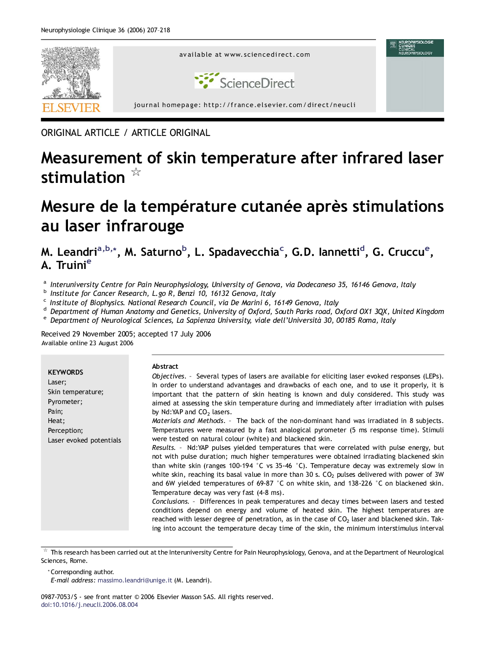 Measurement of skin temperature after infrared laser stimulation 