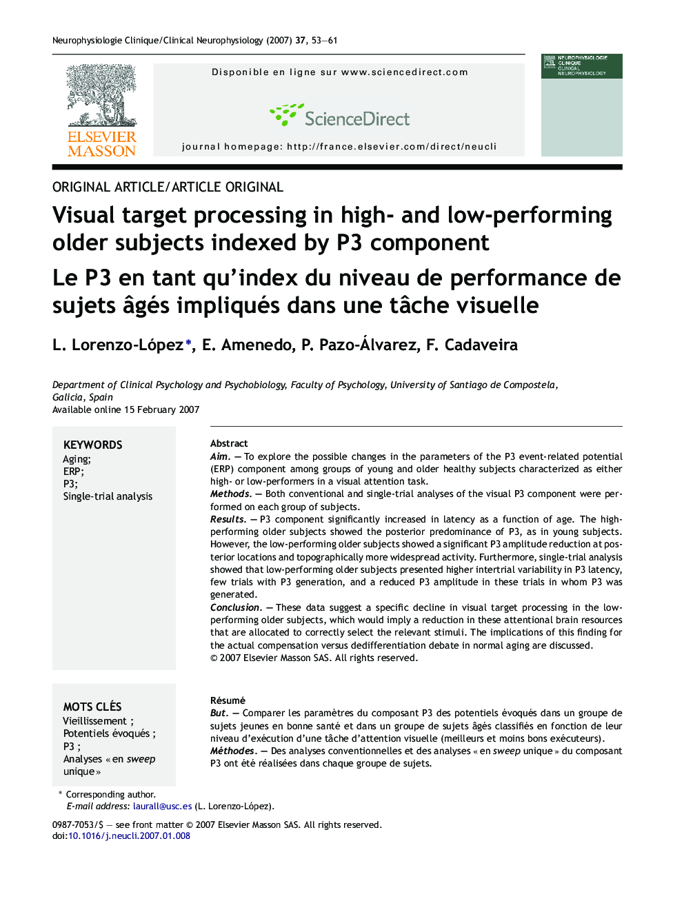 Visual target processing in high- and low-performing older subjects indexed by P3 component