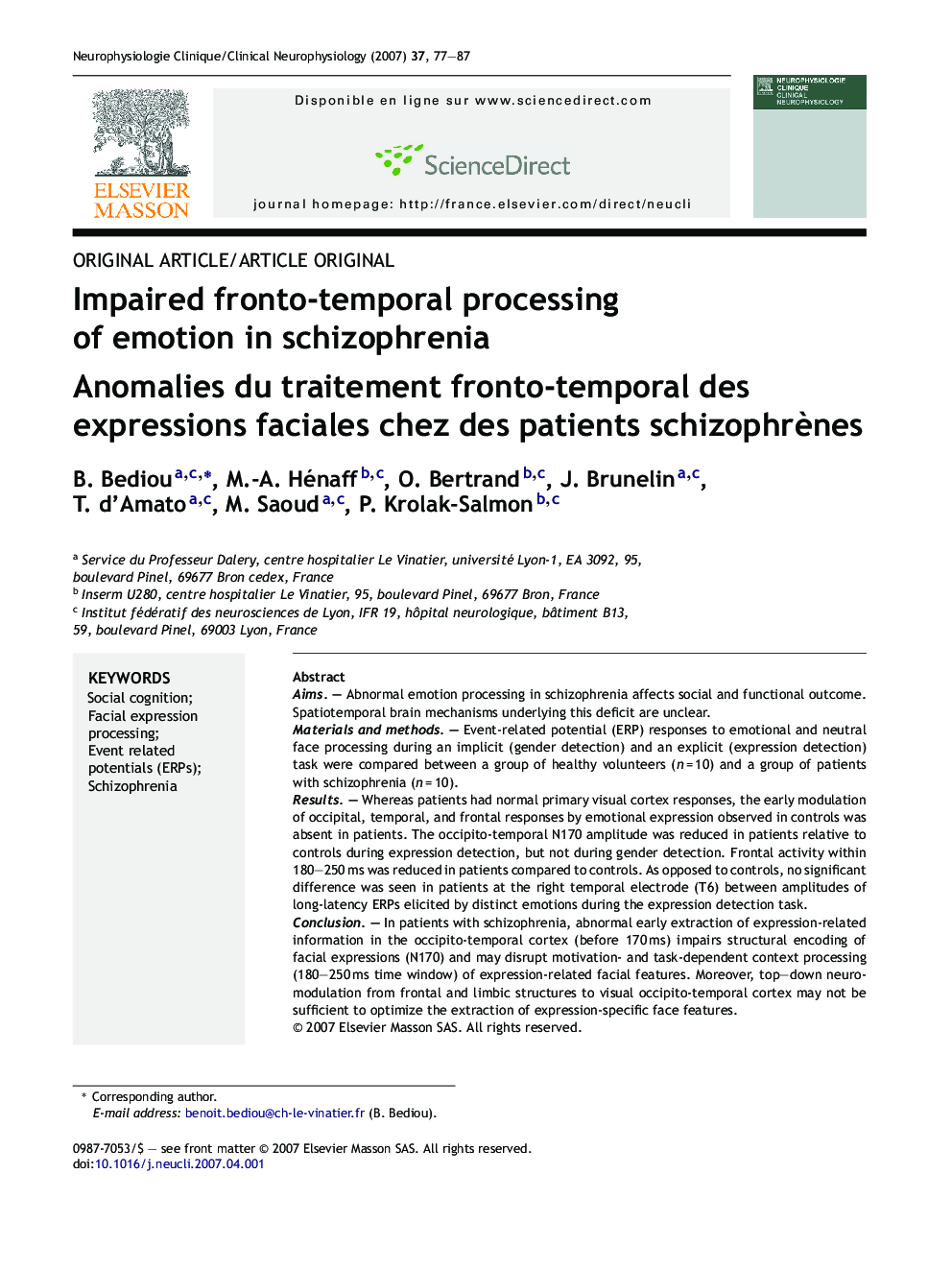 Impaired fronto-temporal processing of emotion in schizophrenia