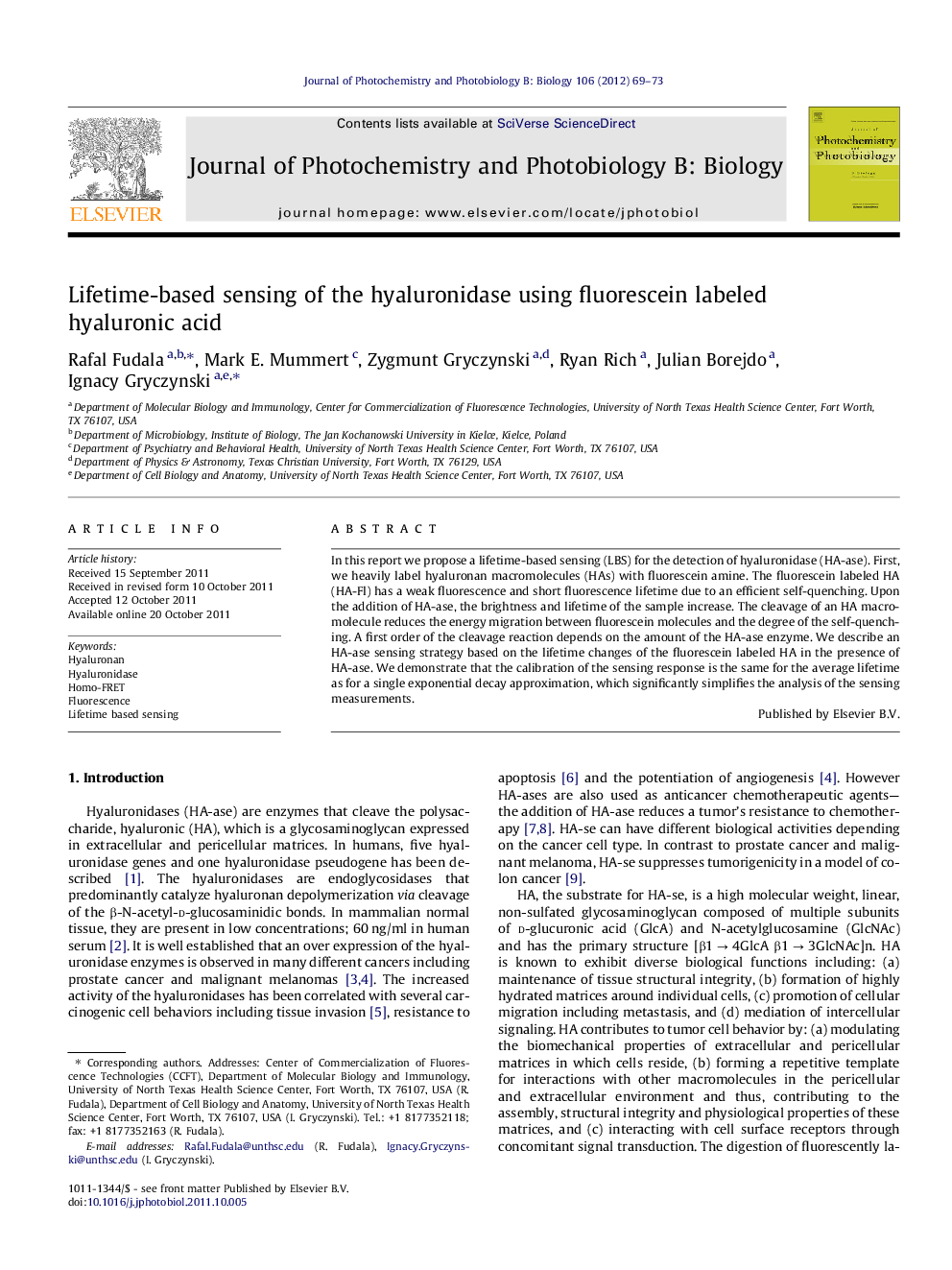 Lifetime-based sensing of the hyaluronidase using fluorescein labeled hyaluronic acid