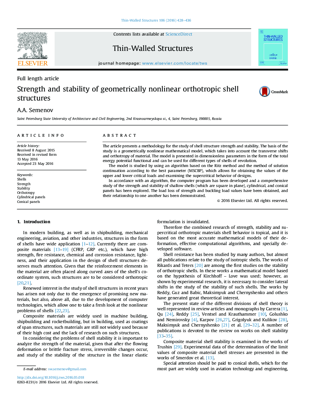 Strength and stability of geometrically nonlinear orthotropic shell structures