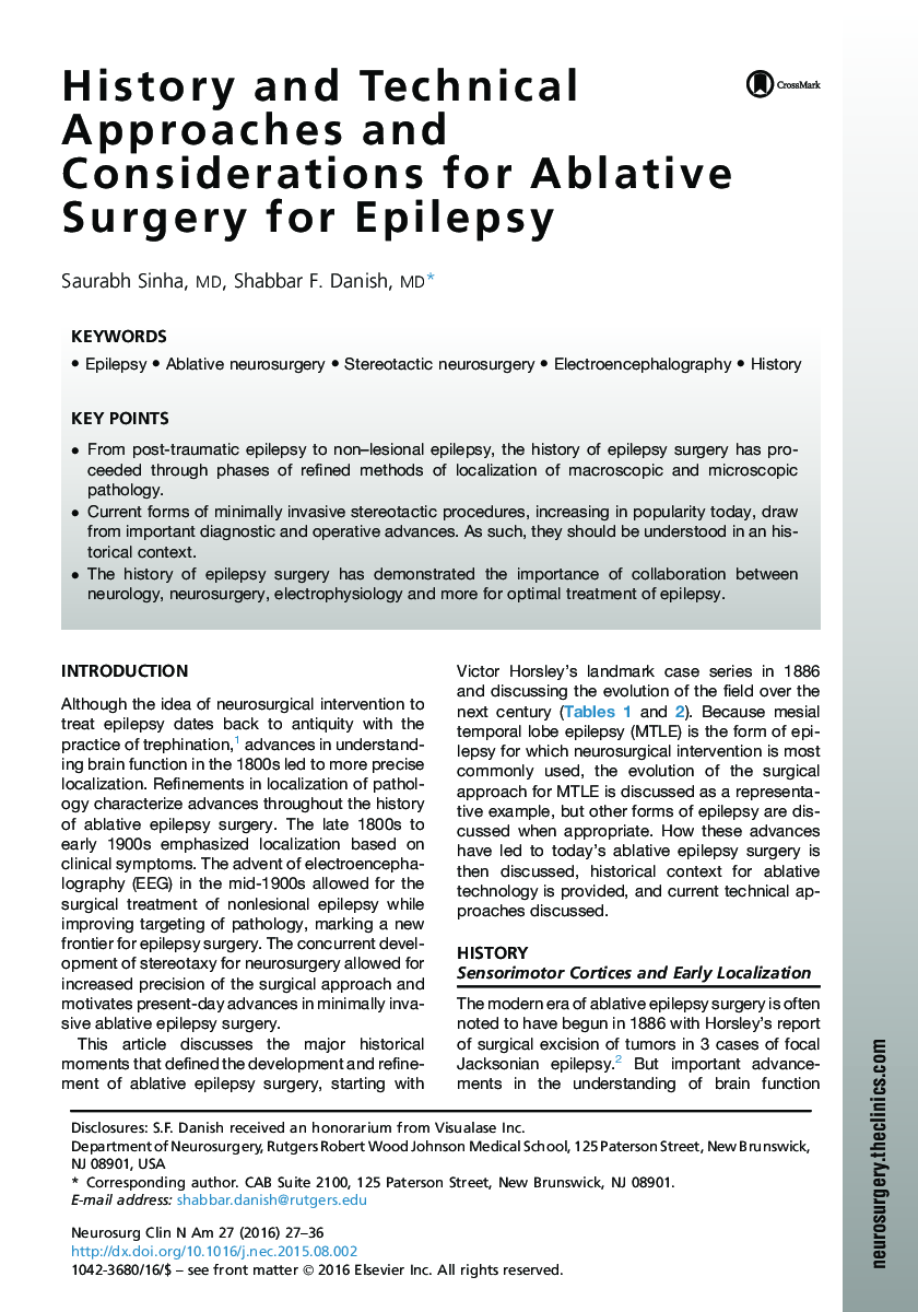 History and Technical Approaches and Considerations for Ablative Surgery for Epilepsy