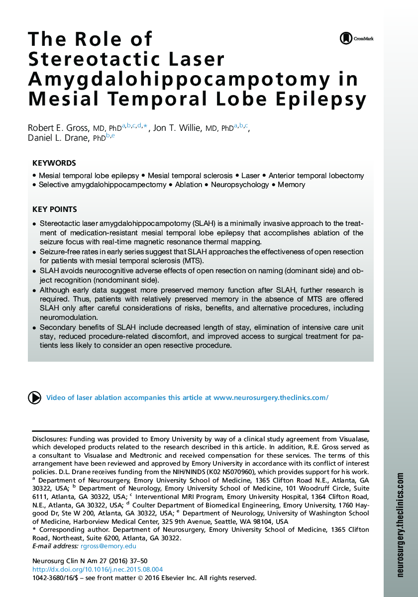 The Role of Stereotactic Laser Amygdalohippocampotomy in Mesial Temporal Lobe Epilepsy