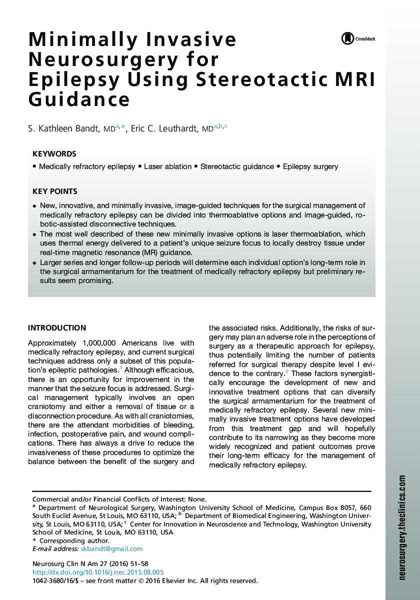 Minimally Invasive Neurosurgery for Epilepsy Using Stereotactic MRI Guidance