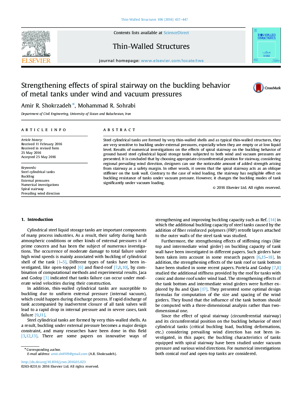 Strengthening effects of spiral stairway on the buckling behavior of metal tanks under wind and vacuum pressures